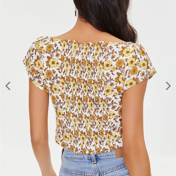 Forever 21 Yellow White Retro Floral Linen Blend Zip Crop Top- Size Large - Picture 5 of 16